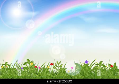Nuvole di cielo realistiche, giardino d'erba. Prato verde primavera, aria blu con nuvole e arcobaleno, sole luminoso, ambiente esterno, parco rurale o campo. Prato paesaggio. Illustrazione vettoriale, sfondo estivo Illustrazione Vettoriale