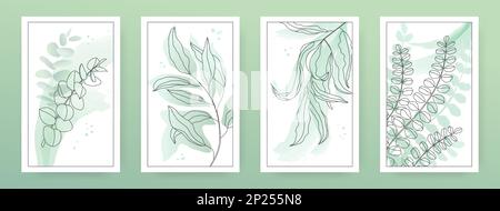 Astratto natura arte, manifesti vegetali. Acquerello foglia disegno, minimalista estate biologica o autunno boho carte. Decorazioni rustiche a base di erbe per matrimoni. Insieme di elementi di disegno vettoriale, sfondo o copertine Illustrazione Vettoriale