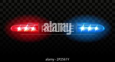 Lampeggiatore di polizia blu e rosso. Sirene per auto ambulanza. Tecnologia delle lampade di salvataggio. Poliziotto o poliziotto di sicurezza. Lampeggio del faro di emergenza. Lanterne di attenzione che si illuminano automaticamente. Illustrazione realistica vettoriale Illustrazione Vettoriale