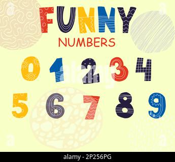 Carattere figlio. Fumetti per bambini. Numeri divertenti design. Set di segni matematici isolati. Simboli decorativi di testo del doodle con ornamento di contorno. Icone aritmetiche carine. Alfabeto vettoriale colorato Illustrazione Vettoriale
