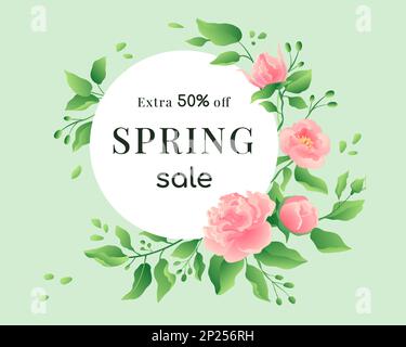 Banner vendita primavera, cornice rotonda natura con eleganti rose rosa e foglie verdi. cerchio spazio copia per il testo, può offrire, botanico romantico design. Modello banner promozionale. Eco sfondo vettoriale Illustrazione Vettoriale