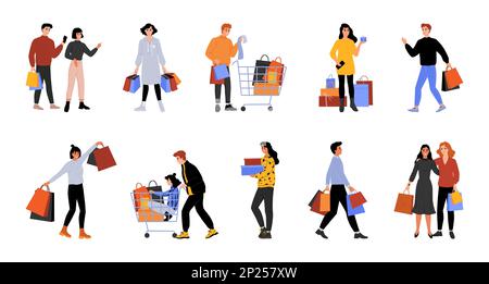 La gente acquista in sconto. Persone con carrelli e borse. Uomini e donne felici che fanno l'acquisto nel centro commerciale al dettaglio. I clienti acquistano o scarpe e abbigliamento. Gli acquirenti del negozio si sono stabiliti. Raccolta di illustrazioni vettoriali Illustrazione Vettoriale