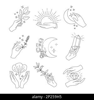 Semplice logo a mano, emblemi boho, logo esoterico. Tocco magico femminile, cristalli delicati, stelle e fiori, monogramma pulito per etichetta gioielli. Elementi isolati di linea. Set di simboli vettoriali Illustrazione Vettoriale