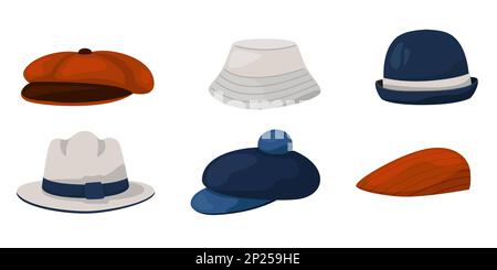 Cappelli per uomini e donne. Abbigliamento di moda. Berretti e panami vintage. Collezione classica per Signore e signori. Accessori estivi e autunnali. Retro headdress. Set di indumenti isolati Vector Illustrazione Vettoriale