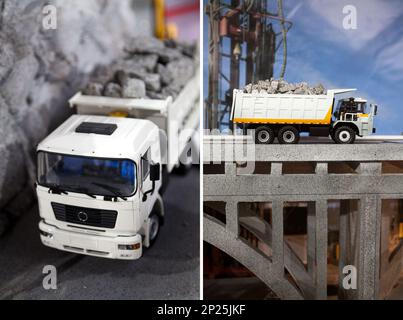 Piccolo autocarro con cassone ribaltabile modello su una strada il trasporto di ghiaia. Giocattolo di plastica camion su un ponte. Macchine industriali e dimostrazione Foto Stock