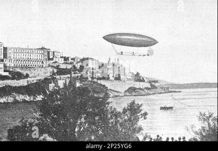 Alberto Santos-Dumont volando in un airship vicino a Monte Carlo. Foto dal 1902. Foto Stock