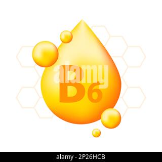 Vitamina B6 con goccia realistica. Particelle di vitamine nel mezzo Illustrazione Vettoriale