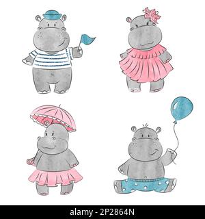 Set di carino cartone animato bambino Hippo. Illustrazione del colore dell'acqua vettoriale. Illustrazione Vettoriale