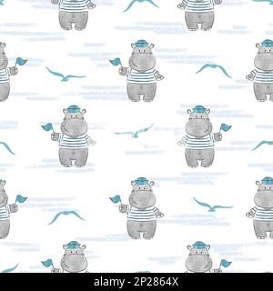 Motivo senza cuciture con Hippo Sailor. Sfondo vettoriale marino per il design dei bambini. Illustrazione Vettoriale