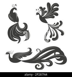 Astratto bello uccelli set. Illustrazione vettoriale di silhouette nere di uccelli isolate sul bianco. Illustrazione Vettoriale