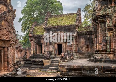 Il compund interno dell'elaborato tempio di Banteay Srey del 10th° secolo all'interno dell'area di Angkor vicino a Siem Reap in Cambogia. Foto Stock