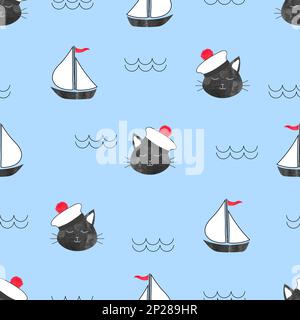 Modello marino senza cuciture con gatto Sailor e navi. Sfondo mare vettoriale per bambini Illustrazione Vettoriale