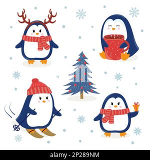 Pinguini carino set. Buon Natale e felice anno nuovo saluti. Illustrazione vettoriale. Illustrazione Vettoriale