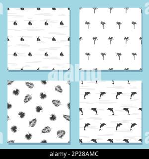 Set di motivi in bianco e nero senza cuciture con palme, delfini, navi e foglie. Vettore Estate, sfondo tropicale e marino. Illustrazione Vettoriale