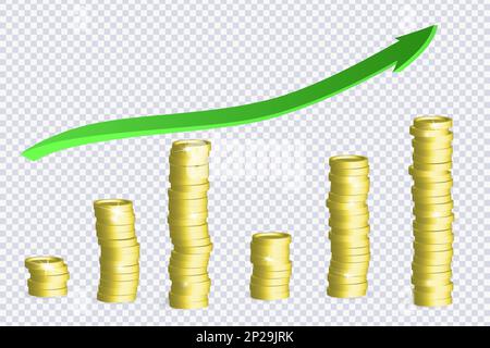 Freccia verde flessibile e pile di monete su trasparente. Concetto di investimento e di crescita finanziaria. Impulsi di notizie di borsa di negoziazione. Infografica commerciale. Creativo Illustrazione Vettoriale