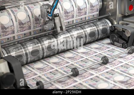 Stampa di denaro japan yen fatture su una macchina da stampa in tipografia.. Finanza, fisco, borsa e investimenti, rendendo il concetto di denaro. illustrazione 3d Foto Stock