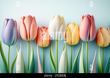 Bellissimi tulipani in fila con colori pastello. Primavera fiori sfondo colorato con spazio copia. Banner tulipani giallo, rosa, viola e arancione. Foto Stock