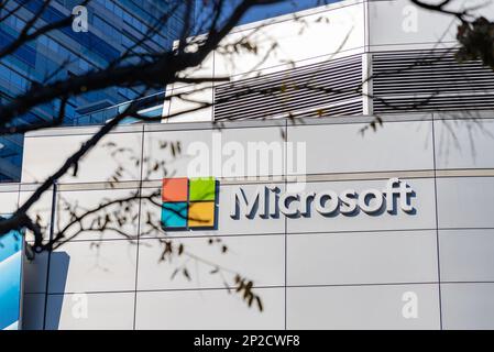 Un'immagine del segno Microsoft sulla facciata del Microsoft Theater. Foto Stock