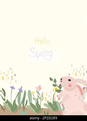Composizione con un coniglio carino, fiori primaverili, foglie verdi sull'iscrizione primavera. Composizioni luminose per poster, striscioni, cartoline, Pasqua, vacanze primaverili. Grafica vettoriale. Illustrazione Vettoriale