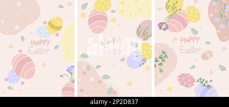 Cartoline con uova di Pasqua colorate, fiori primaverili e foglie in colori pastello. Ideale per striscioni, inviti, biglietti, poster, adesivi. Illustrazione vettoriale. Illustrazione Vettoriale