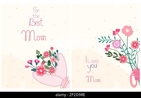 Biglietto d'auguri floreale con un bouquet di fiori selvatici e l'iscrizione Festa della mamma. La composizione luminosa è adatta per striscioni, poster e biglietti. Illustrazione vettoriale. Illustrazione Vettoriale
