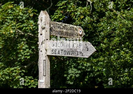 Old lichen coperto sentiero in legno cartello per Golden Cap & Morecombelake, Dorset, Inghilterra, Regno Unito Foto Stock