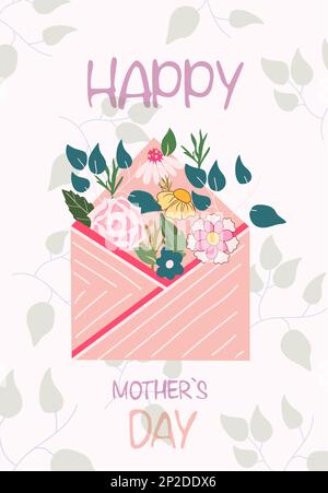 Biglietto di auguri per la Festa della mamma. Biglietto d'auguri con bouquet di fiori primaverili all'interno della busta. Buona festa della mamma. Le illustrazioni luminose sono adatte per striscioni, poster e schede. Grafica vettoriale. Illustrazione Vettoriale