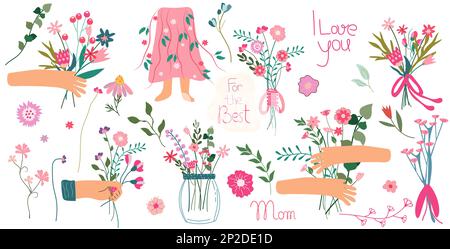 Day.Illustrazione della madre felice con un bouquet di fiori in mano, iscrizioni per la festa della mamma, fiori luminosi in un vaso, una busta, ecc. cartoline floreali per celebrare la festa della mamma, la primavera, ecc Illustrazione Vettoriale