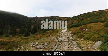 Ampio panorama montano sui Monti Karkonosze. Montagne polacche Foto Stock