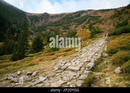 Ampio panorama montano sui Monti Karkonosze. Montagne polacche Foto Stock