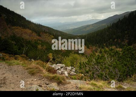 Ampio panorama montano sui Monti Karkonosze. Montagne polacche Foto Stock