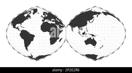 Mappa vettoriale del mondo. Proiezione autenticale quartic interrotta in due emisferi. Mappa geografica del mondo pianeggiante con linee di latitudine e longitudine. Illustrazione Vettoriale