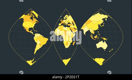 Mappa del mondo. Proiezione sinusoidale interrotta. Illustrazione futuristica del mondo per la tua infografica. Colori country gialli brillanti. Illustrazione Vettoriale