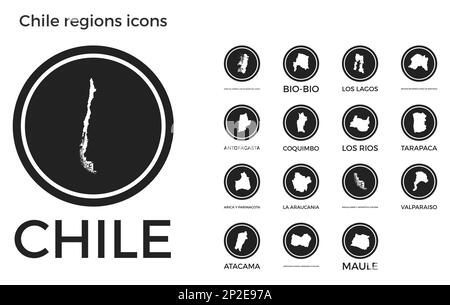 Icone delle regioni del Cile. Logo tondi neri con mappe e titoli delle regioni dei paesi. Illustrazione vettoriale. Illustrazione Vettoriale