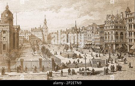 Un'illustrazione del 19th° secolo di Manchester, Regno Unito, con la Royal Infirmary & Piccadilly del Queens Hotel. Foto Stock