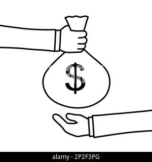 Mano d'affari che dà e che riceve il sacchetto dei soldi del dollaro degli Stati Uniti. Concetto bancario, finanziario, commerciale. Disegno di contorno in bianco e nero. Foto Stock