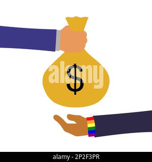 Gay lgbtq mano uomo d'affari che dà e riceve US dollaro borsa di soldi. Concetto bancario, finanziario, commerciale. Illustrazione del vettore grafico. Foto Stock