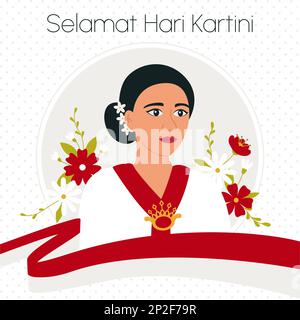 Raden Adjeng Kartini l'eroe delle donne e dei diritti umani in Indonesia. Selamat Hari Kartini significa Happy Kartini Day. Donna asiatica circondata da fiori Illustrazione Vettoriale