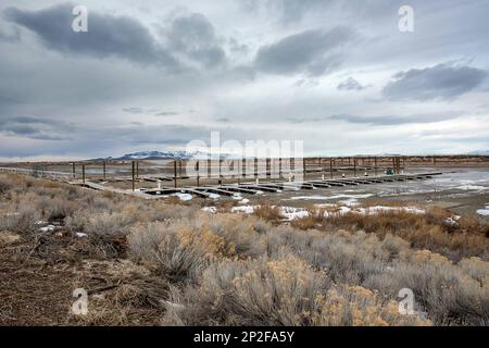 28 febbraio 2023: Porticciolo abbandonato lungo la costa in via di recinenza del Grande Lago Salato. Antelope Island state Park, Utah. Foto Stock