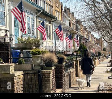 I proprietari mostrano il loro patriottismo mostrando la bandiera americana alle loro porte d'ingresso nel quartiere Windsor Terrace di Brooklyn New York. Foto Stock