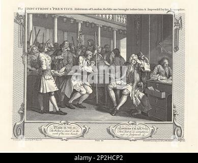 Serie "Industry and Idleness", Plate 10: L'industrioso 'Prentice Alderman di Londra, l'Idle uno portato davanti a lui..., 1747. Collezione privata. Foto Stock