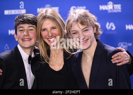 Gustav De Waele, attrice Sandrine Kiberlin ed Eden Damsalamoia, raffigurati durante la 12th edizione della cerimonia di premiazione del film 'Magritte du Cinema', sabato 04 marzo 2023, a Bruxelles. I premi sono premiati ai film dei produttori belgi di lingua francese. FOTO DI BELGA LAURIE DIEFFEMBACQ Foto Stock