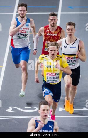 Il belga Julien Watrin ha mostrato nella foto durante la finale maschile 400m alla 37th edizione dei Campionati europei di Atletica Indoor, a Istanbul, Turchia, sabato 04 marzo 2023. I campionati si svolgono dal 2 al 5 marzo. FOTO DI BELGA JASPER JACOBS Foto Stock