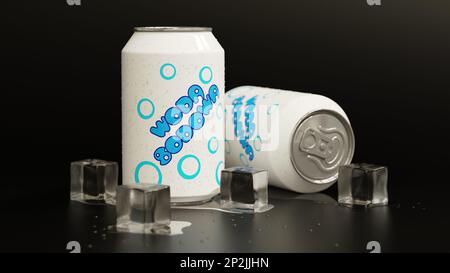 Due lattine di soda con cubetti di ghiaccio intorno e macchie d'acqua. Grafica CGI realizzata in Blender. Foto Stock