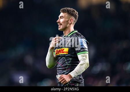 LONDRA, REGNO UNITO. 04th, Mar 2023. Nick David di Harlequins saluta i fan durante Big Game 14 Gallagher Premiership Rugby Match Round 19 Harleqins vs Exeter Chiefs allo stadio di Twickenham sabato 04 marzo 2023. LONDRA INGHILTERRA. Credit: Taka G Wu/Alamy Live News Foto Stock