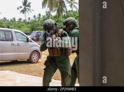 I soldati delle forze speciali ivoriane si preparano a liberare un insieme di stanze in uno spazio di vita simulato mentre si allenano con 3rd Special Forces Group (Airborne) durante Flintlock 2023 vicino Abidjan, Côte d'Avorio, 3 marzo 2023. Flintlock offre alle nazioni africane l'opportunità, insieme ad altri eventi ospitati dai militari degli Stati Uniti, di condividere le loro strategie e Best practice per accelerare la capacità collettiva di adattarsi e superare la minaccia terroristica. (STATI UNITI Foto dell'esercito di Sgt. Ashlind House) Foto Stock