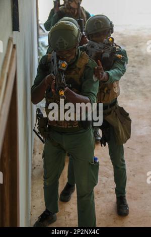 I soldati delle forze speciali ivoriane si preparano a rompere una stanza in uno spazio vivente simulato, dopo aver ricevuto istruzioni da 3rd Special Forces Group (Airborne), durante Flintlock 2023 nei pressi di Abidjan, Côte d'Avorio, 3 marzo 2023. Flintlock offre alle nazioni africane l'opportunità, insieme ad altri eventi ospitati dai militari degli Stati Uniti, di condividere le loro strategie e Best practice per accelerare la capacità collettiva di adattarsi e superare la minaccia terroristica. (STATI UNITI Foto dell'esercito di Sgt. Ashlind House) Foto Stock