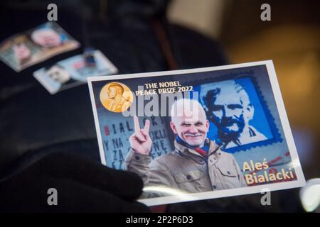 Free Ales Bialacki protesta per sostenere gli attivisti bielorussi a favore della democrazia e dei diritti umani a Danzica, Polonia. 2 Marzo 2023 © Wojciech Strozyk / Alamy S Foto Stock