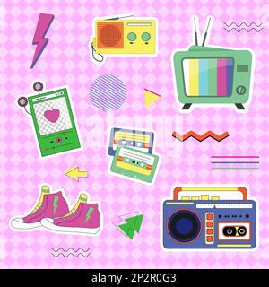 Set di articoli - TV, radio, registratore e cassette, sneakers. Set di adesivi in stile rétro vintage 90s. Illustrazione Vettoriale