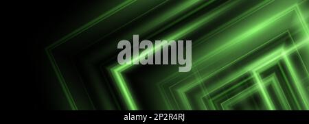 Fondo astratto nero ampio con forme al neon verde. Banner futuristico con linee luminose verdi. Illustrazione vettoriale Illustrazione Vettoriale
